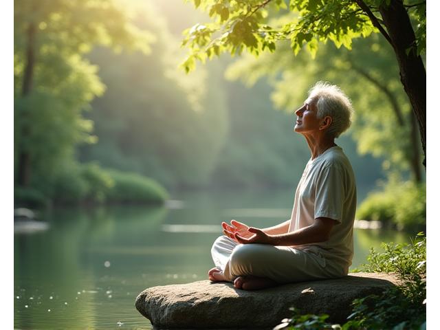 Mirna osoba meditira u prirodi, okružena drvećem i biljem, s tabletom pored